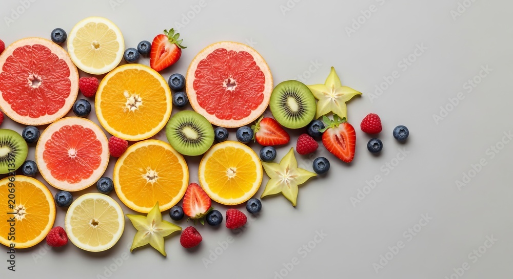 Obraz premium A vibrant assortment of sliced citrus, whole berries, and tropical fruits arranged artfully on a neutral background with natural lighting, vegan, still life, wellness