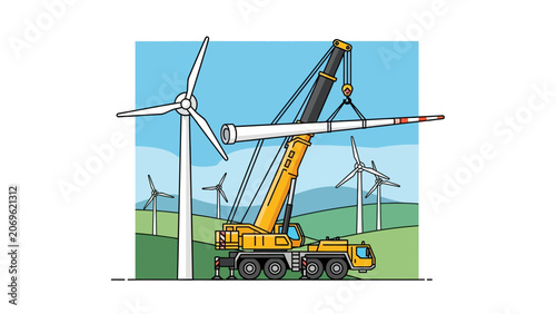 Industrial Crane Installing Wind Turbine Blade Illustration