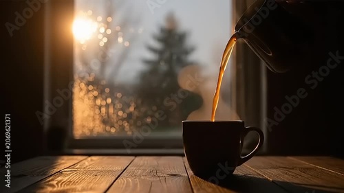Pouring hot coffee into a mug on a wooden table with a window view of a winter landscape at sunrise.