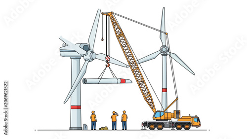 Wind Turbine Construction Site with Heavy Duty Crane and Engineers Illustration