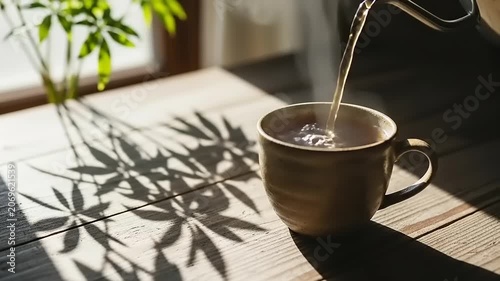 Pouring hot tea into a mug with plant shadows on a wooden table.