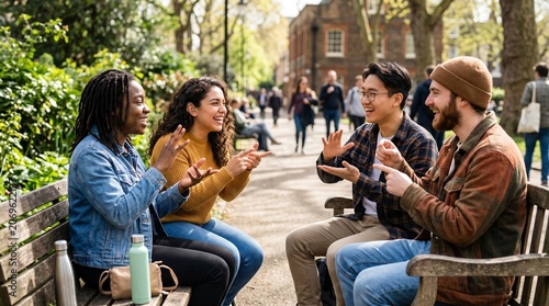 Diverse friends communicating joyfully using sign language in a park setting