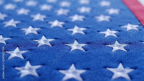 Close-up of textured fabric stars on a blue field, symbolizing patriotism and national pride.
