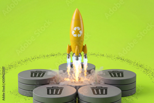 Yellow rocket with recycling symbol taking off from trash can platforms