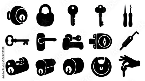 Konstfotografi Collection of various lock and key silhouettes, including padlocks, door handles, and lock picking tools