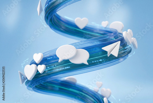 Blue swirling ribbon with social media communication icons concept