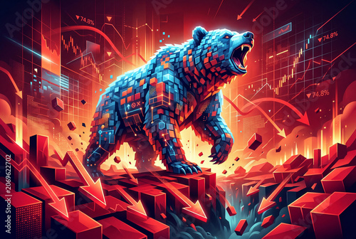Digital pixel bear roaring amidst falling stock market data and red arrows