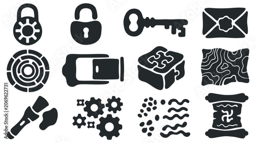 Tableau sur toile Escape Room Game Elements and Puzzle Icons Set.