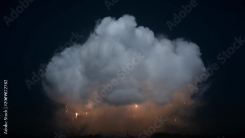 Powerful storm cloud illuminated by lightning strikes at night