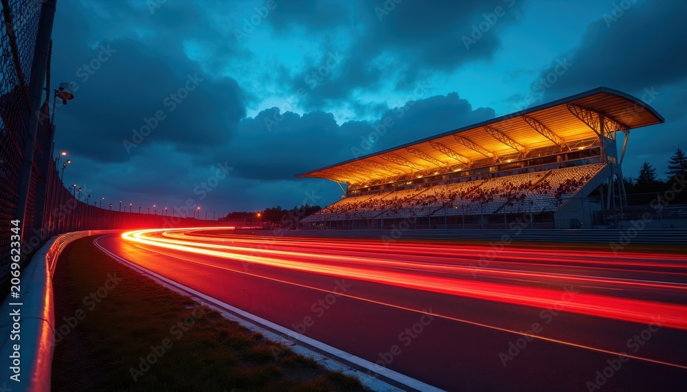 Naklejka premium Race track illuminated grandstand at dusk with light streaks from passing cars. Spectators watch motorsport event. Night racing ambiance. Speed and motion concept.