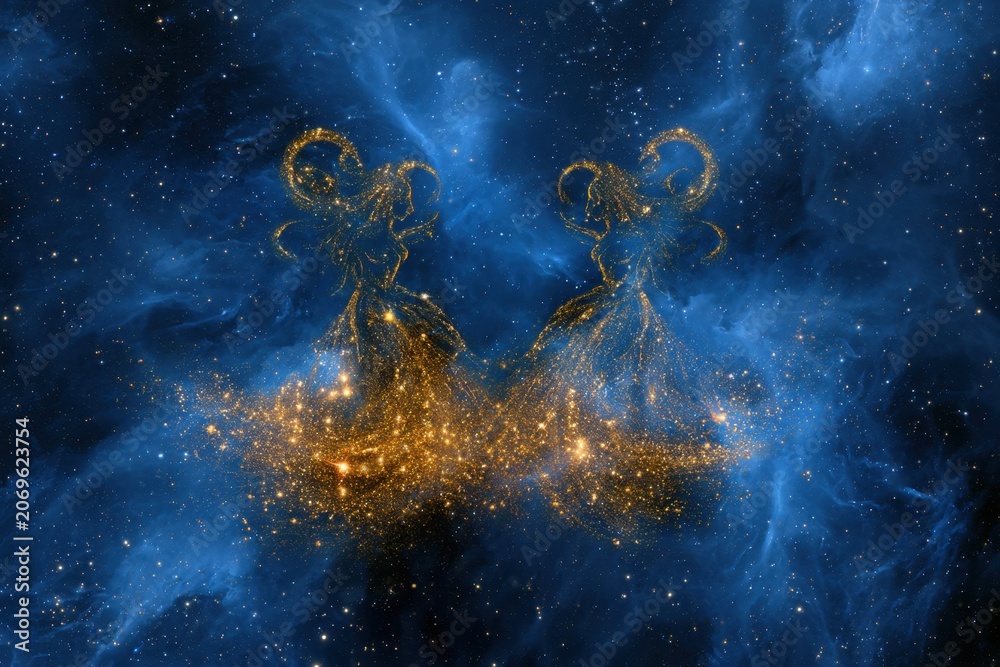Naklejka premium Twin celestial figures created from sparkling golden stars and cosmic dust blending into a mystical deep blue nebula with a starry background in outer space
