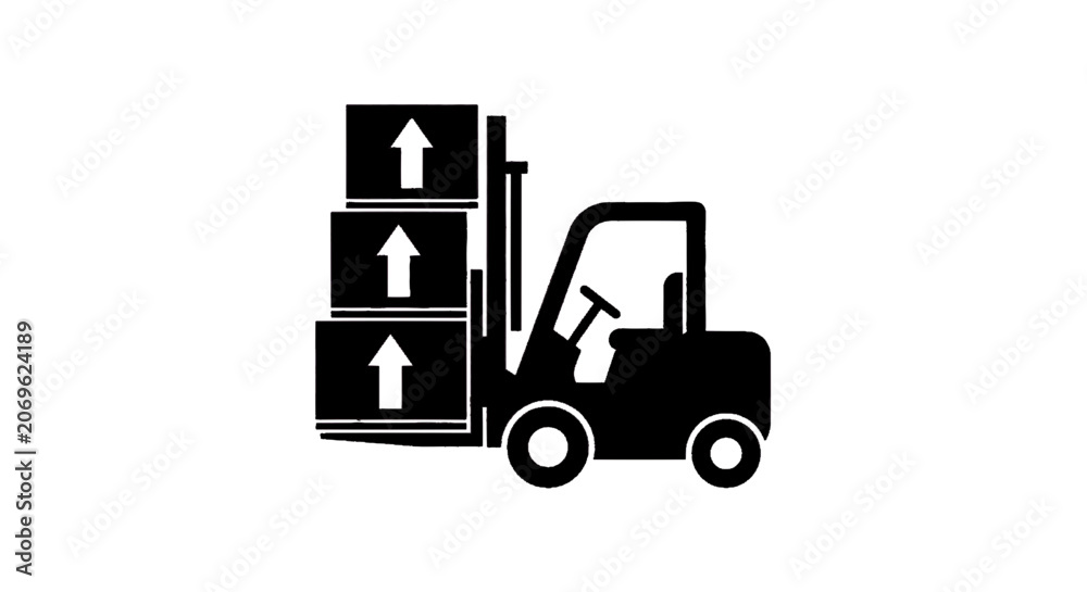 Naklejka premium Minimal black silhouette icon, simple flat vector, bold black shape, no, no shading forklift truck with stacked boxes icon on a, flat icon style