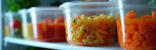 Prepared meals in plastic containers on fridge shelf. Food includes pasta soup with carrots and tomatoes. Ready to eat food storage, fresh ingredients.
