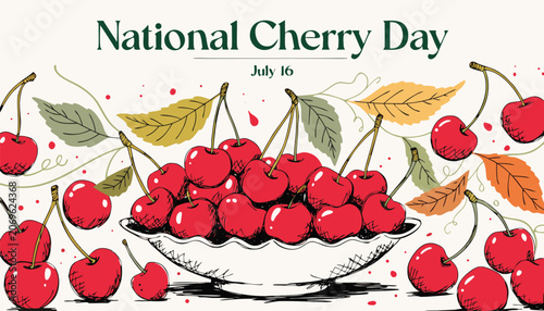 Quadro su tela Fresh red cherries displayed in a bowl for national cherry day
