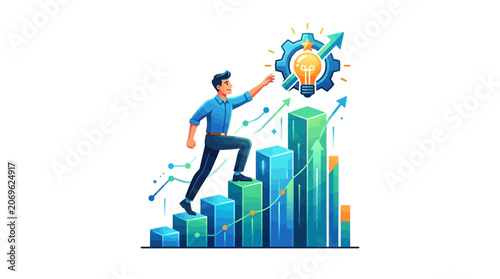 Businessman Climbing Growth Chart with Innovation Icon