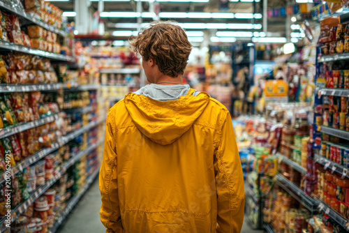 Young person wearing a yellow jacket shopping in a grocery store aisle filled with various colorful packaged food products on shelves