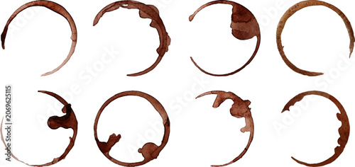 Coffee cup rings stain with watercolor texture. Circular marks perfect for cafe branding, vintage backgrounds, or creative design projects