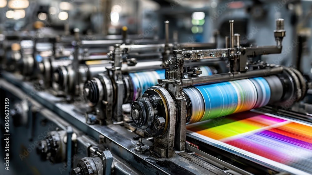 Fototapeta premium Industrial printing machine producing vibrant, multicolor printed sheets in a modern manufacturing facility with detailed mechanical components in motion