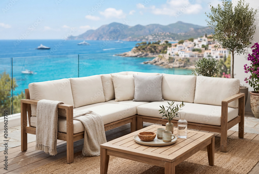 Fototapeta premium Luxury outdoor lounge with a white sofa on a balcony overlooking the mediterranean sea