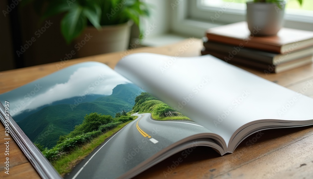 Fototapeta premium Open magazine displays winding road through green mountains, lush trees line asphalt. Blank pages offer space for text. Books and plant sit on wooden desk.