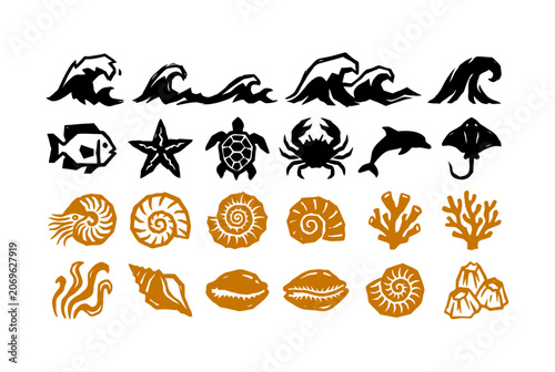 Marine life and ocean waves linocut style vector icon set