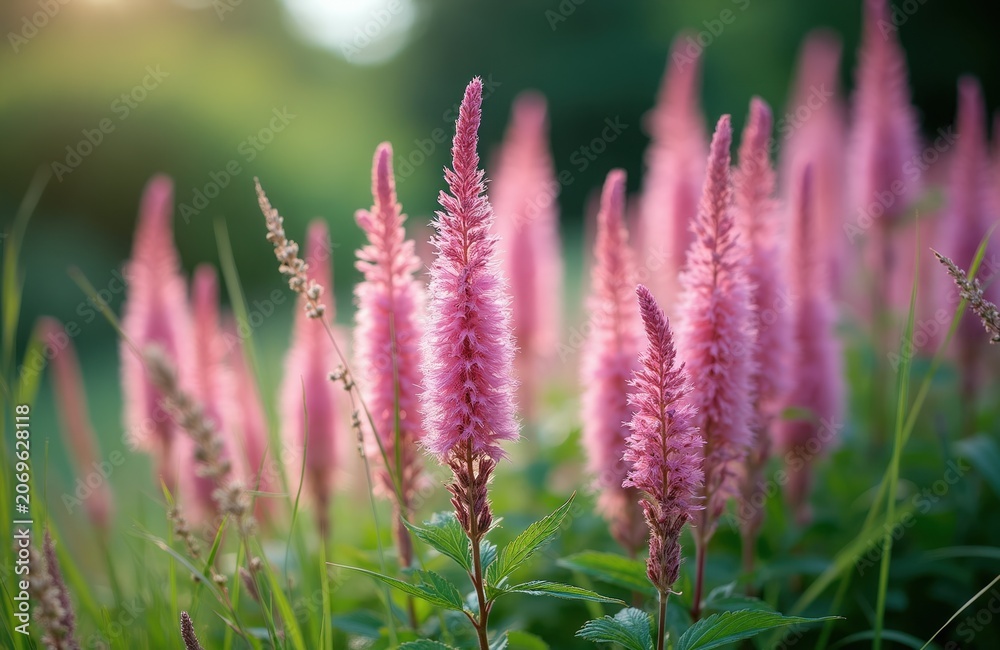 Obraz premium Soft focus pink Astilbe flowers bloom in a shaded garden. Tall feathery plumes create a delicate display against green foliage. Natural beauty of garden flora in summer.