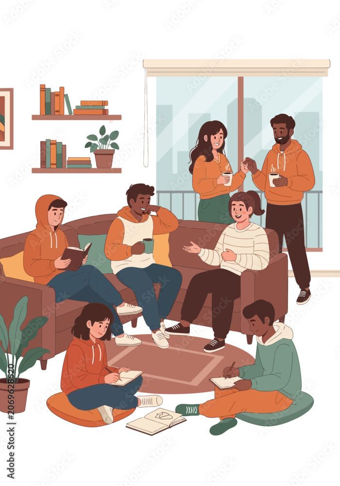Fototapeta premium Informal gathering people in home indoors. Vector illustration.
