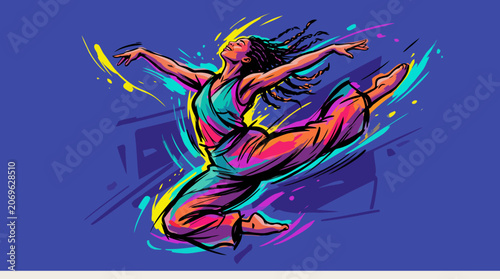 Energetic Dancer Leaping Mid-Air with Colorful Abstract Swirls.