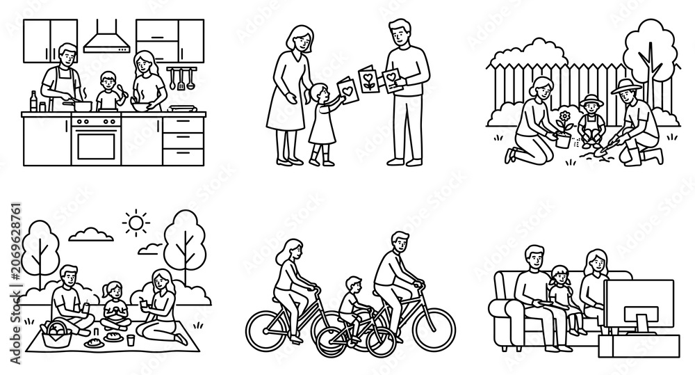 Obraz premium Outline parents day vector set of family lifestyle activities. Line art illustration of cooking, giving gift, gardening, picnic, cycling and watching tv together.