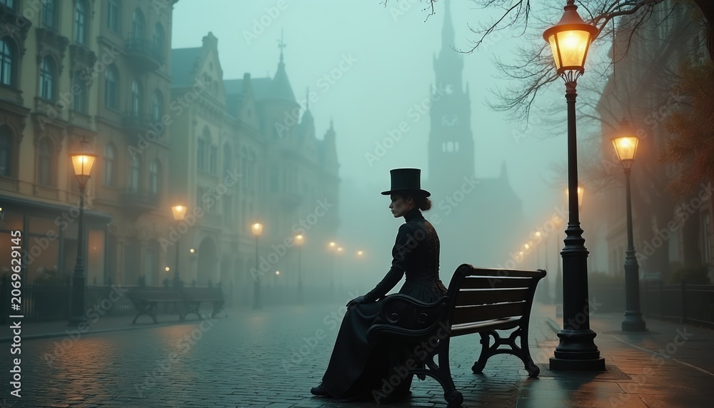 Fototapeta premium Woman in Victorian attire sits on a bench in a foggy, gaslit city street. Tall buildings and a clock tower loom in the mist. She wears a top hat and dark dress, gazing into the distance.