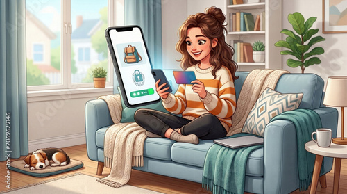 Woman shopping online with secure payment on mobile app