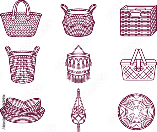 Set of dark maroon line featuring various woven baskets, storage bins, macrame plant hangers, and decorative trays or bowls