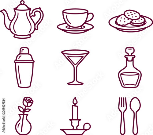 Set of dining and lifestyle line including a teapot, teacup, plate of cookies, cocktail shaker, martini glass, decanter, rose, and cutlery