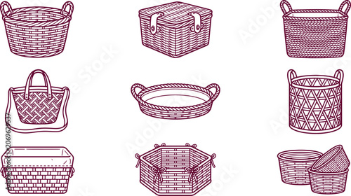 Set of different styles of woven baskets and storage containers for home organization, isolated on a white background, simple line