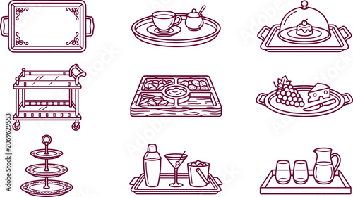 Set of hospitality and dining line showing serving trays, a tea set, a food cloche, a service cart, snack platter, wine, and glassware