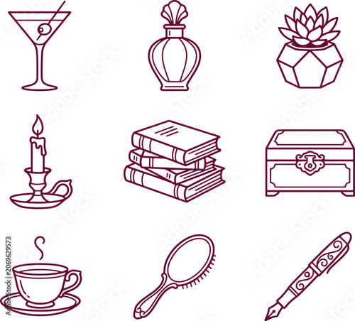 Set of lifestyle and home decor featuring a martini glass, perfume bottle, succulent, candle, books, jewelry box, teacup, mirror, and pen