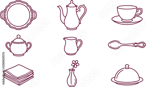 Set of maroon line for tea service featuring a tray, teapot, teacup, sugar bowl, creamer, spoon, napkins, flower in a vase, food cloche