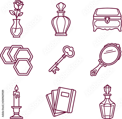 Set of maroon line including a rose in a vase, perfume bottle, jewelry box, hexagonal coasters, vintage key, hand mirror, candle, books, decanter