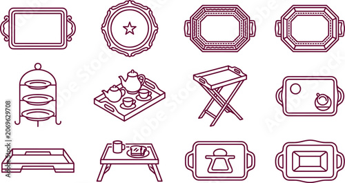 Various dark maroon line of serving trays, breakfast trays, tiered stands, and table accessories on a clean white background