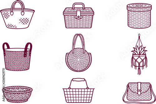 Set of woven basket, handbag, and hanging plant for fashion, shopping, and home decor themes isolated on a white background