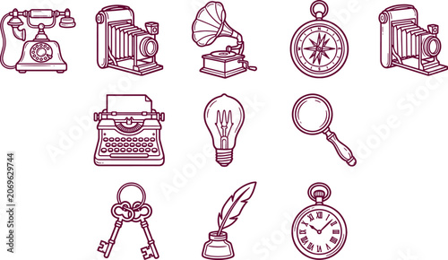 Vintage collection of antique including a rotary telephone, typewriter, camera, gramophone, compass, light bulb, magnifying glass, and keys