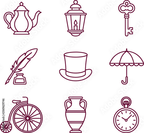Vintage collection of featuring a teapot, lantern, key, quill pen, hat, umbrella, penny-farthing bicycle, vase, and pocket watch