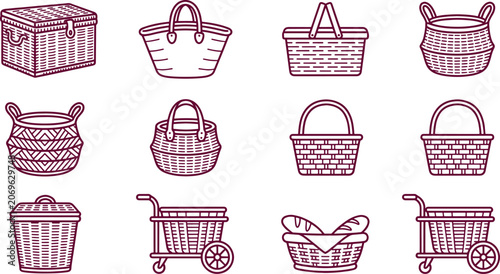 Various woven baskets and shopping carts for storage and retail, isolated on a white background, simple line collection for home