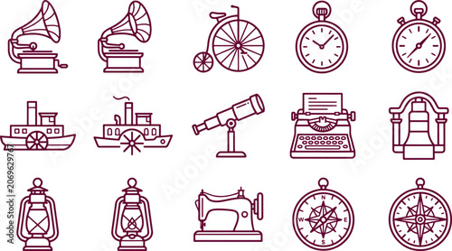 Vintage technology and travel featuring gramophones, a penny-farthing bicycle, pocket watches, steamboats, telescopes, and typewriters