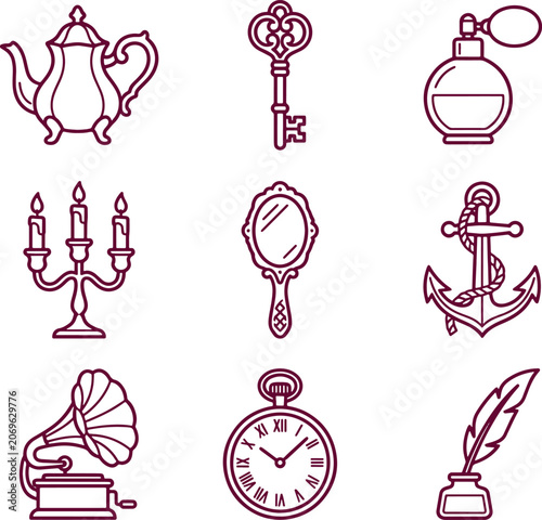 Vintage themed dark maroon line including teapots, ornate keys, perfume, candelabras, mirrors, anchors, gramophones, and clocks