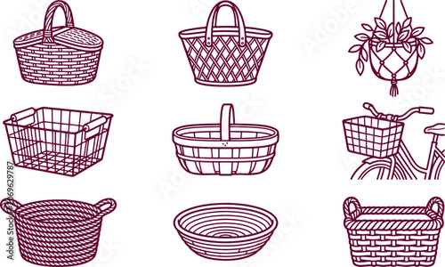 Woven baskets, storage containers, and a bicycle basket, isolated on a white background, simple line collection for home and travel