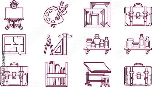 Architectural and tools including an easel, paint palette, frames, briefcases, floor plans, drafting tools, and shelves