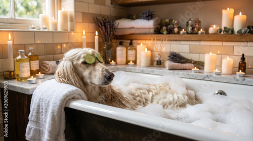 Afghan hound long‑haired dog relaxing in a bubble bath with cucumber slices, surrounded by warm candlelight and spa items, creating a cozy and humorous pet‑spa atmosphere.