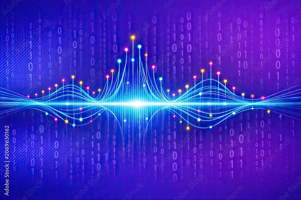 Naklejka premium Glowing blue digital waveform with binary code background 