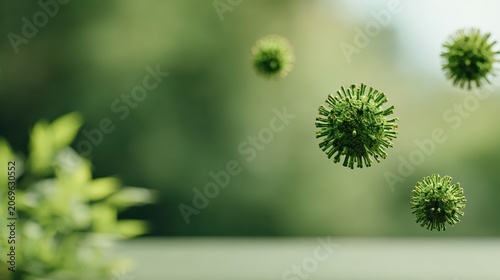 A highly detailed close-up of virus particles floating in soft focus. The green infectious microbes create an abstract scientific and microbiological atmosphere.